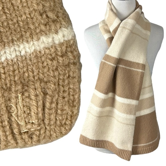 Vintage Lauren Ralph Lauren LambsWool Angora Scarf Neutral Classic Stripe Logo - Picture 1 of 10